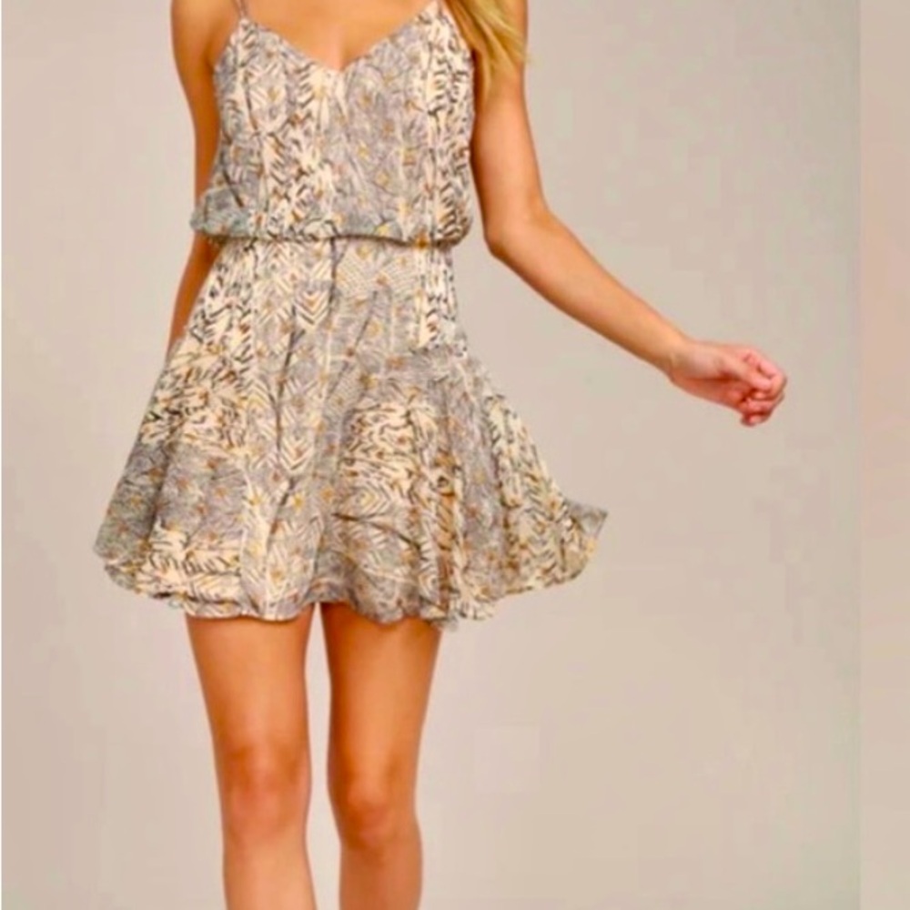 Lulus Strappy Sleeveless Tanis Beige Glitter Dot Print Skater Mini Dress